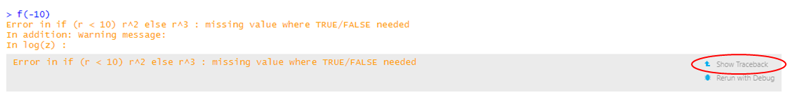 traceback in RStudio
