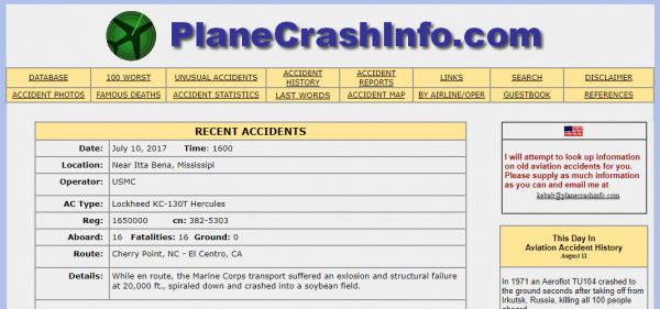 The planecrashinfo.com landing page